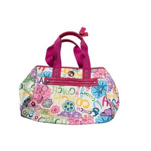 Coach Floral Graffiti Script Logo‎ Canvas Tote Bag Pink Trim Y2K Streetwear